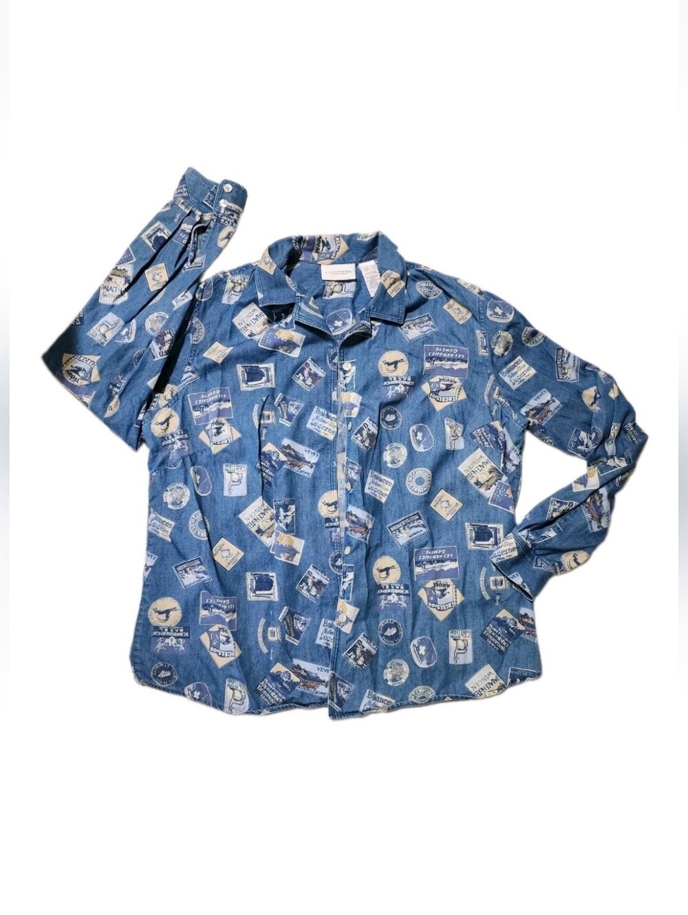 Liz Claiborne Denim Shirt Postage Stamp Travel Womens Size Large Button Front